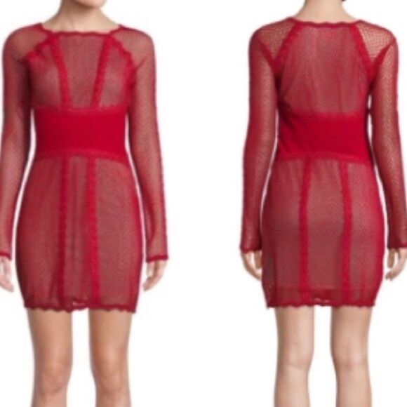 Free people cherry lace mixed mesh red dress small - Picture 2 of 8